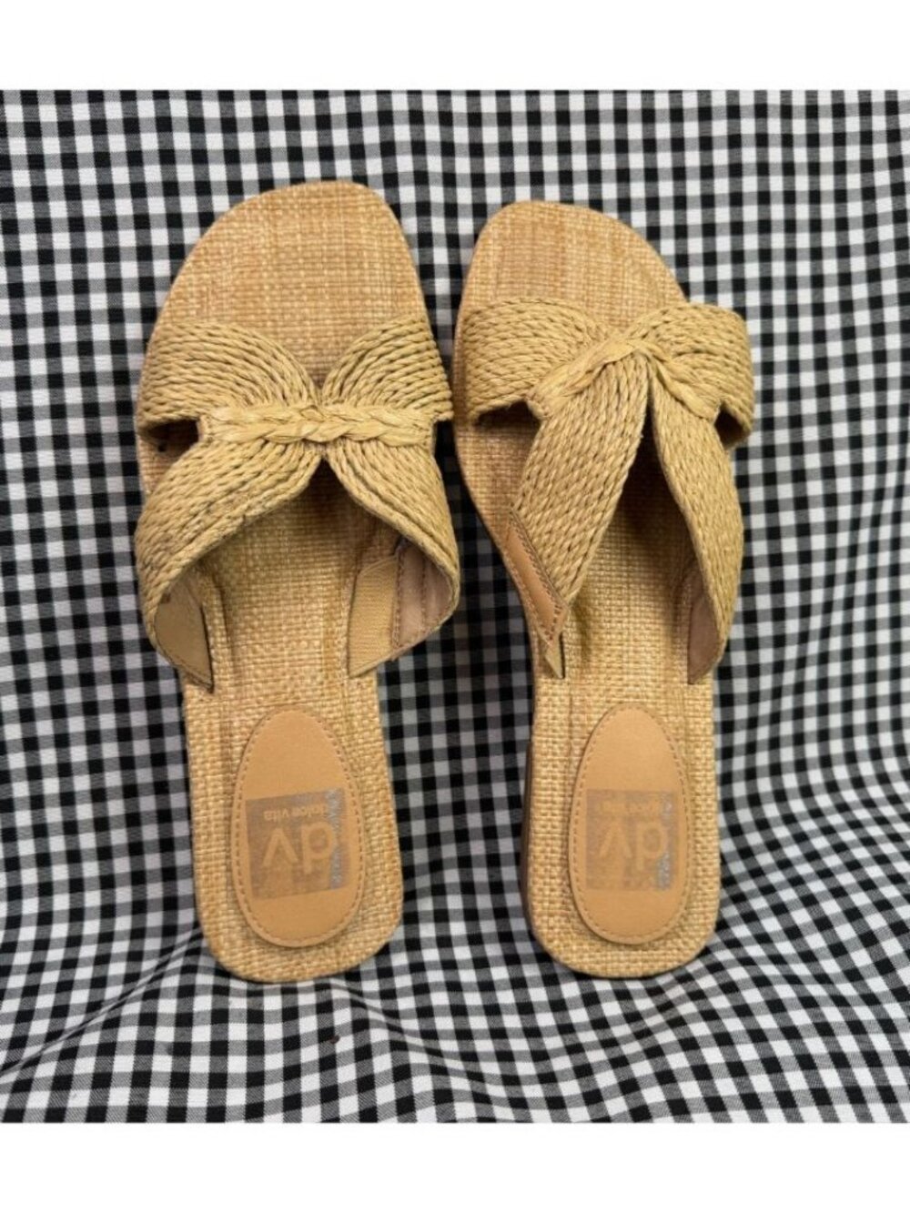 Dolce Vita Jenzy Raffia Bow Slide Sandals Womens 7.5 Beige Flat Slip On Vacation